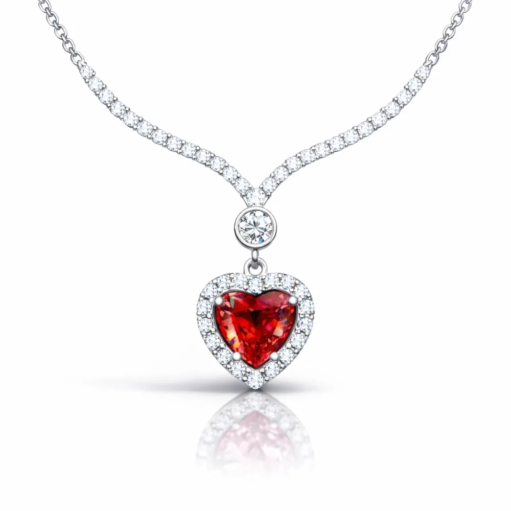 Rhodium Plated Sterling Silver Red Zircon Heart Necklace for Women | Romantic Love Pendant Jewelry - image 2