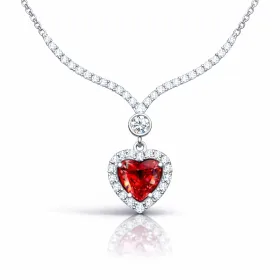 Rhodium Plated Sterling Silver Red Zircon Heart Necklace for Women | Romantic Love Pendant Jewelry - image 2 thumbnail