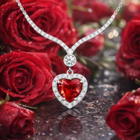 Rhodium Plated Sterling Silver Red Zircon Heart Necklace for Women | Romantic Love Pendant Jewelry - image 3 thumbnail