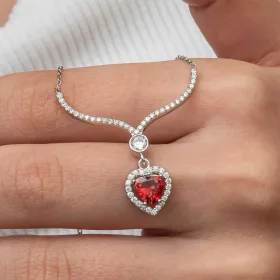 Rhodium Plated Sterling Silver Red Zircon Heart Necklace for Women | Romantic Love Pendant Jewelry - image 4 thumbnail