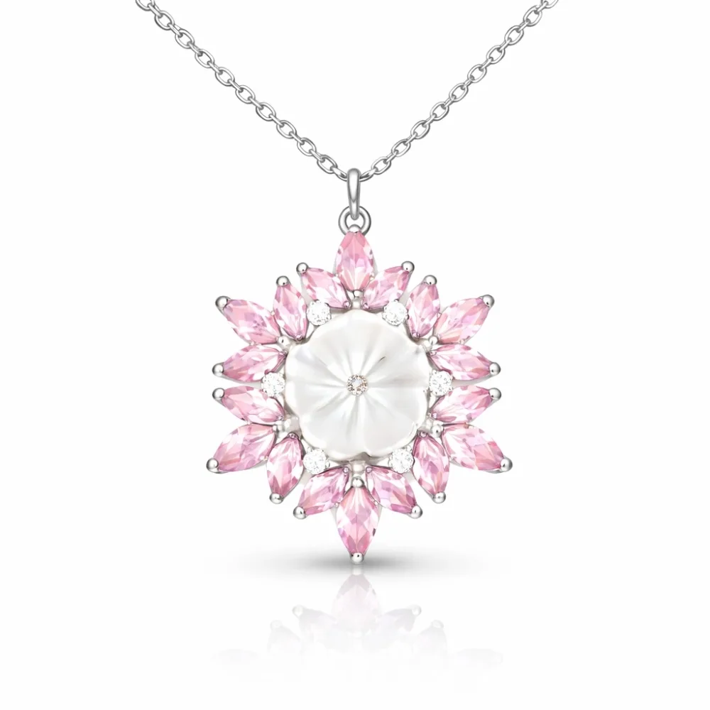 Rhodium Plated Sterling Silver Pink Lotus Flower Pendant Necklace for Women | Symbolic Floral Jewelry - image 2