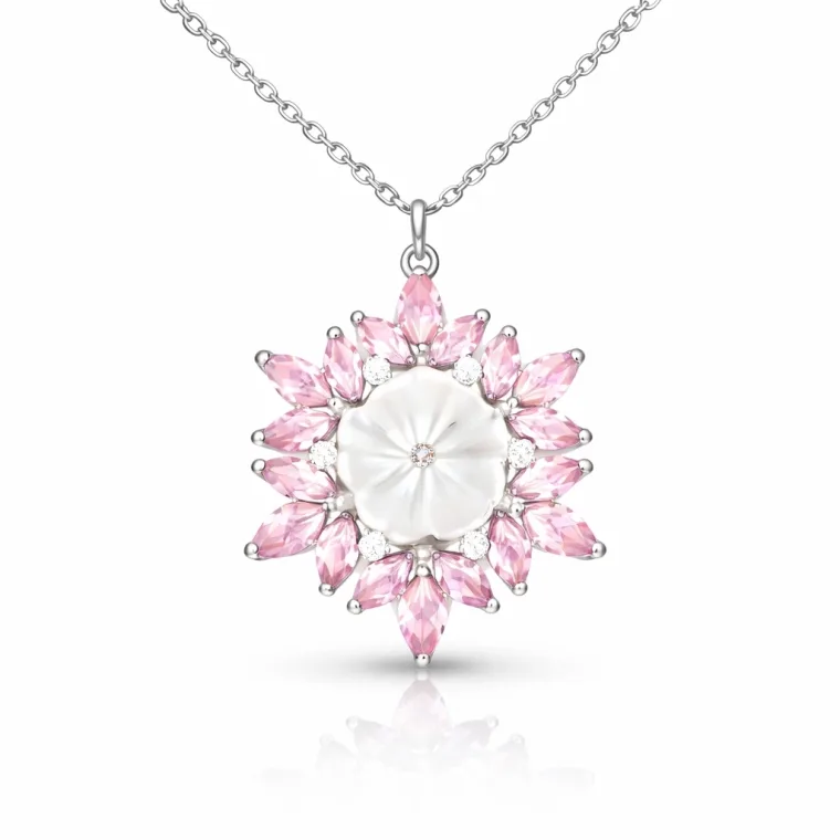 Rhodium Plated Sterling Silver Pink Lotus Flower Pendant Necklace for Women alternate view