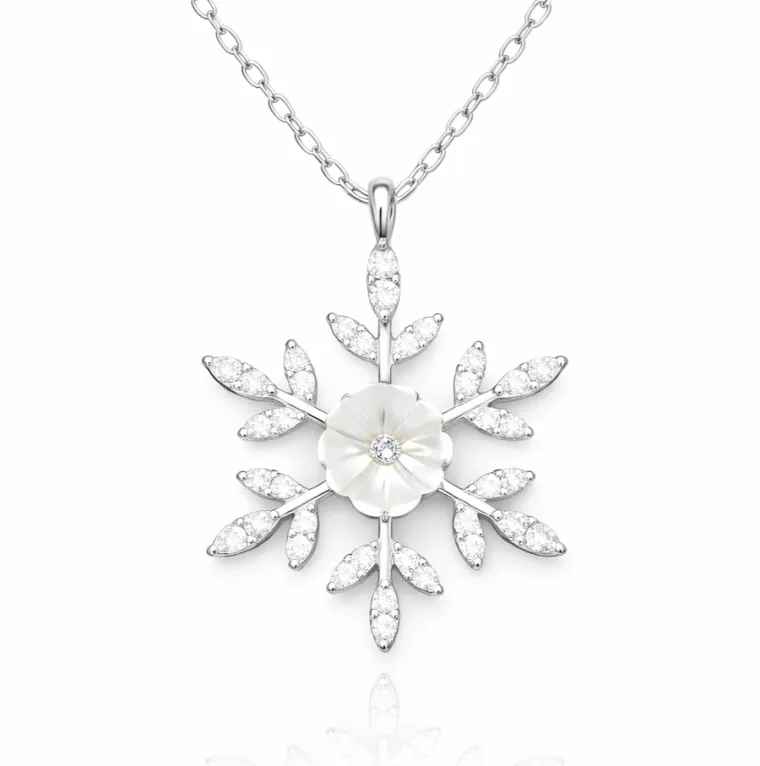 Sterling Silver Magnolia Flower Snowflake Zircon Necklace for Women – Elegant Nature Inspired Jewelry alternate view