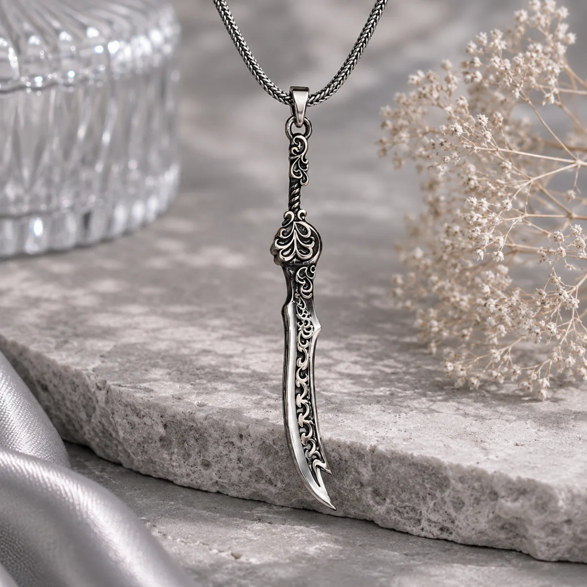 Oxidized Sterling Silver Zulfikar Sword Necklace