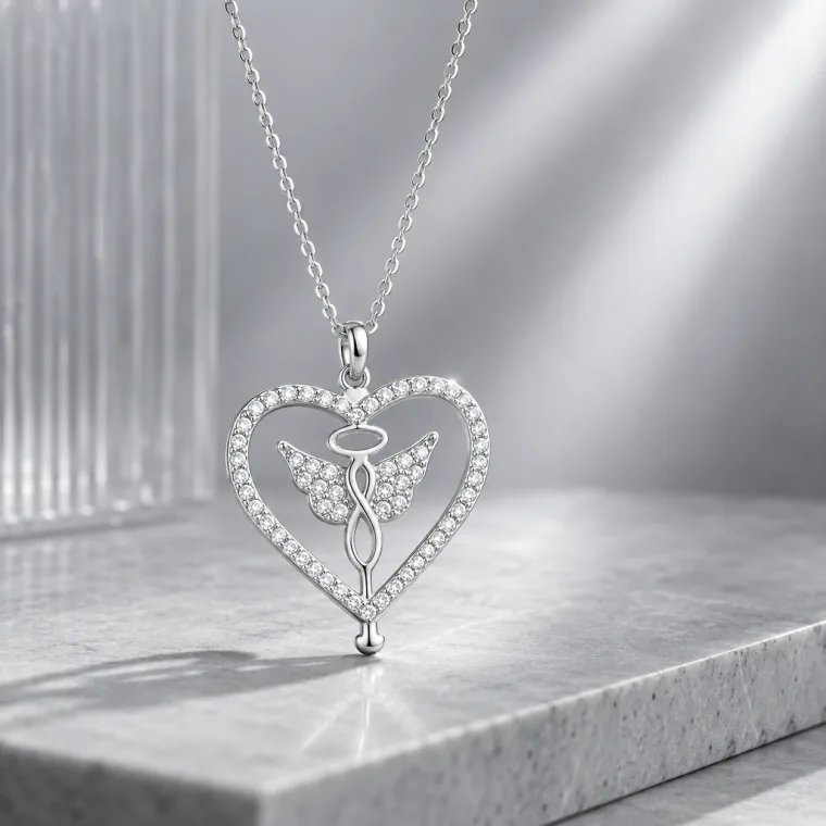Sterling Silver Winged Infinity Heart Necklace with Zircon Stones for Women