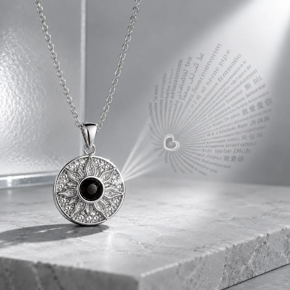 Sterling Silver Sun Projection Necklace “I Love You in 100 Languages” for Women