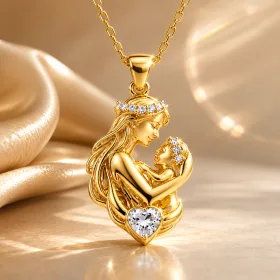 Gold Plated Sterling Silver Mother and Baby Heart Necklace with Stone Detail for Women thumbnail