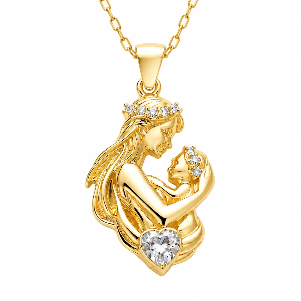 Gold Plated Sterling Silver Mother and Baby Heart Necklace with Stone Detail for Women - image 2