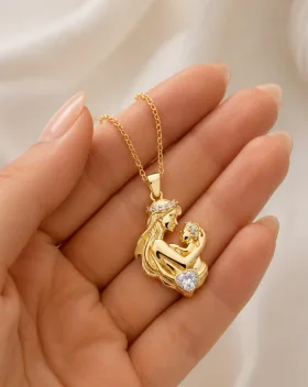 Gold Plated Sterling Silver Mother and Baby Heart Necklace with Stone Detail for Women - image 4 thumbnail