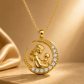 Gold Plated Sterling Silver Mother and Baby Crescent Moon Necklace with Zircon Stone Detail for Women thumbnail