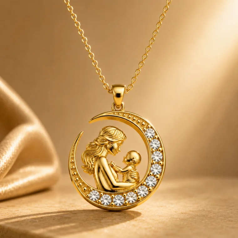 Gold Plated Sterling Silver Mother and Baby Crescent Moon Necklace with Zircon Stone Detail for Women
