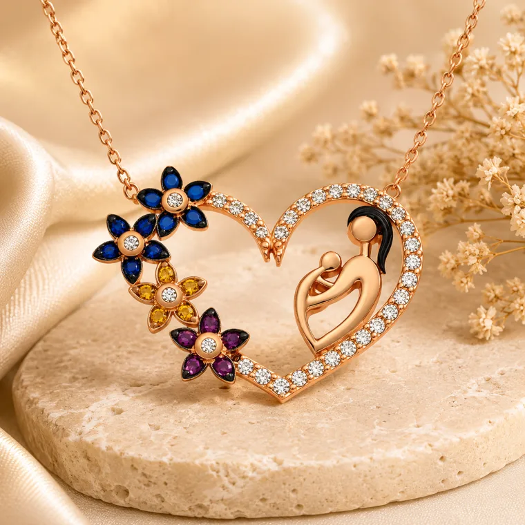 Sterling Silver Heart Mother and Child Pendant Necklace for Women
