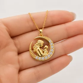 Gold Plated Sterling Silver Mother and Baby Crescent Moon Necklace with Zircon Stone Detail for Women - image 4 thumbnail