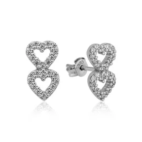 Sterling Silver Double Heart Zircon Stud Earrings for Women – Minimal Romantic Everyday Jewelry thumbnail