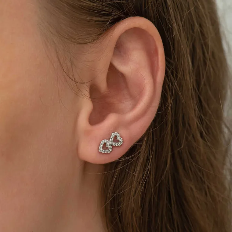 Sterling Silver Double Heart Zircon Stud Earrings for Women – Minimal Romantic Everyday Jewelry alternate view