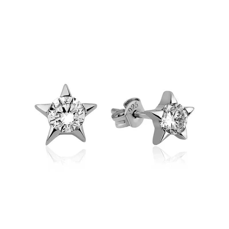 Rhodium Plated Sterling Silver Single Stone Star Stud Earrings for Women | Minimalist Celestial Jewelry