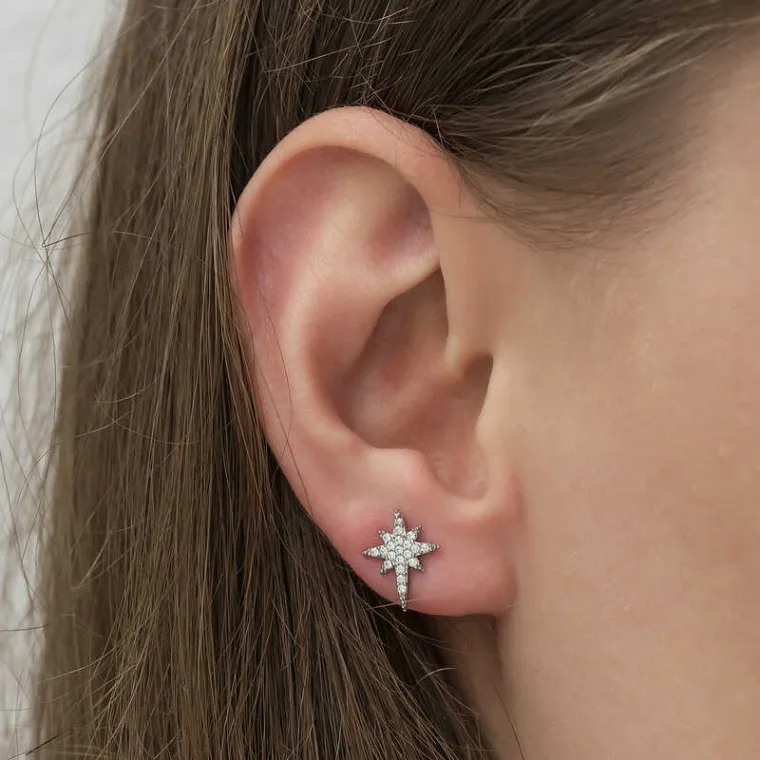 Sterling Silver Sparkling North Star Zircon Stud Earrings for Women – Minimal Elegant Celestial Jewelry alternate view