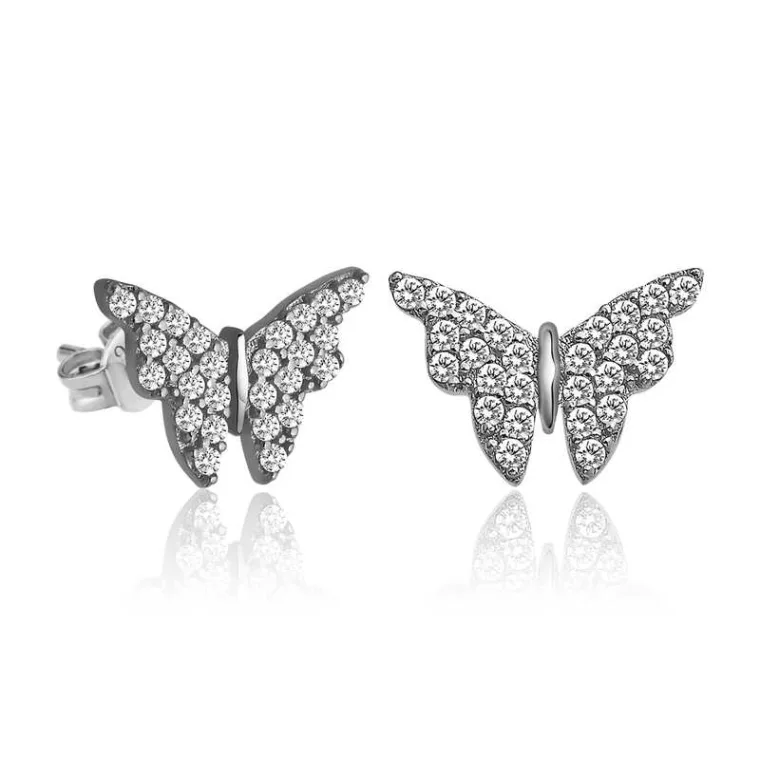 Rhodium Plated Sterling Silver White Butterfly Stud Earrings for Women – Zircon Sparkle Minimal Nature Jewelry