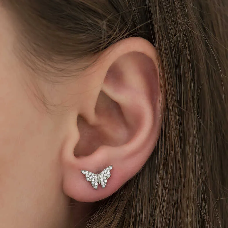 Rhodium Plated Sterling Silver White Butterfly Stud Earrings for Women – Zircon Sparkle Minimal Nature Jewelry - image 2