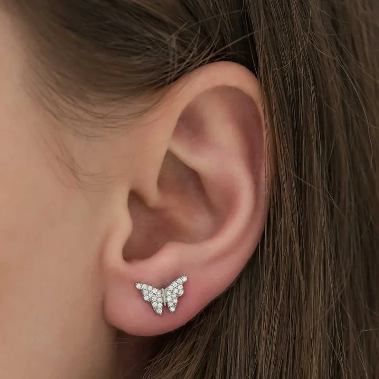 Rhodium Plated Sterling Silver White Butterfly Stud Earrings for Women – Zircon Sparkle Minimal Nature Jewelry alternate view