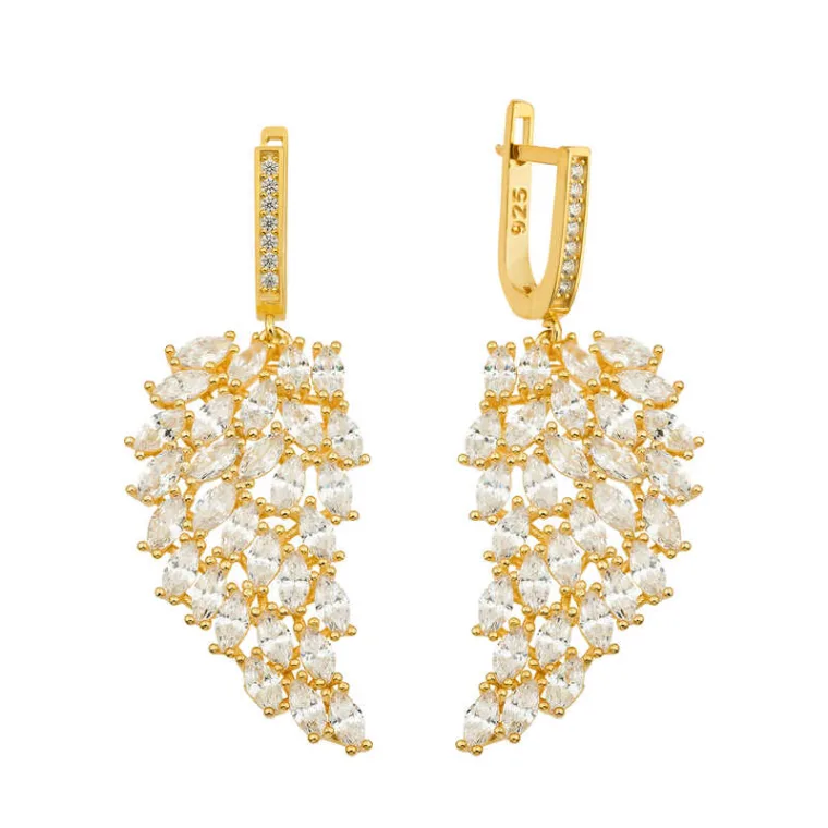 Sterling Silver Gold Plated Angel Wing Zircon Drop Earrings for Women – Elegant Sparkling Statement Jewelry