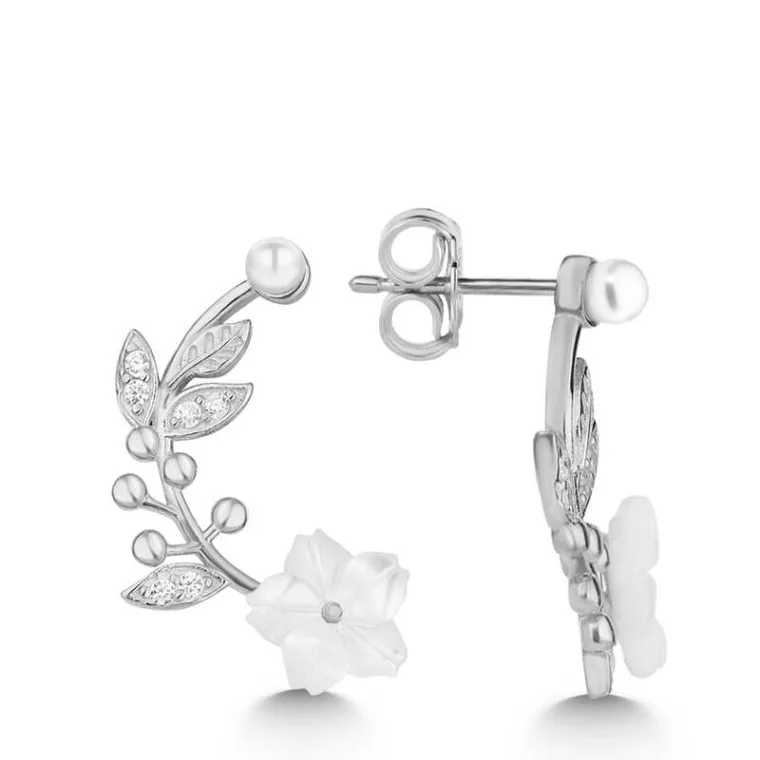 Sterling Silver Mother of Pearl Flower Stud Earrings for Women – Elegant Floral Drop Jewelry