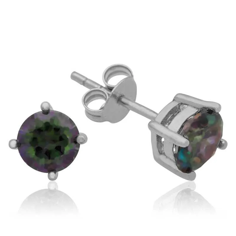 Rhodium Plated Sterling Silver 6 mm Mystic Topaz Stud Earrings for Women – Minimal Elegant Stone Jewelry