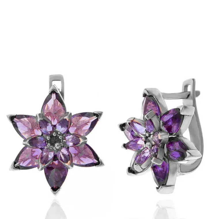 Sterling Silver Purple Lotus Flower Earrings for Women