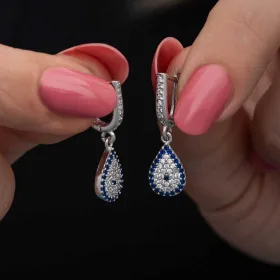 Rhodium Plated Sterling Silver Evil Eye Teardrop Dangle Earrings for Women with Zircon Stones thumbnail