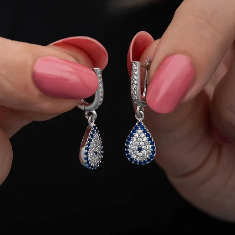 Rhodium Plated Sterling Silver Evil Eye Teardrop Dangle Earrings for Women with Zircon Stones