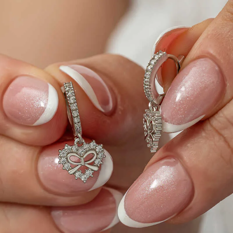 Sterling Silver Heart Bow Dangle Earrings for Women | Pearl & Zircon Earrings