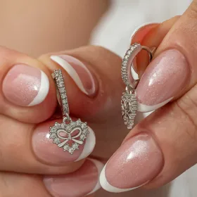 Sterling Silver Heart Bow Dangle Earrings for Women | Pearl & Zircon Earrings thumbnail