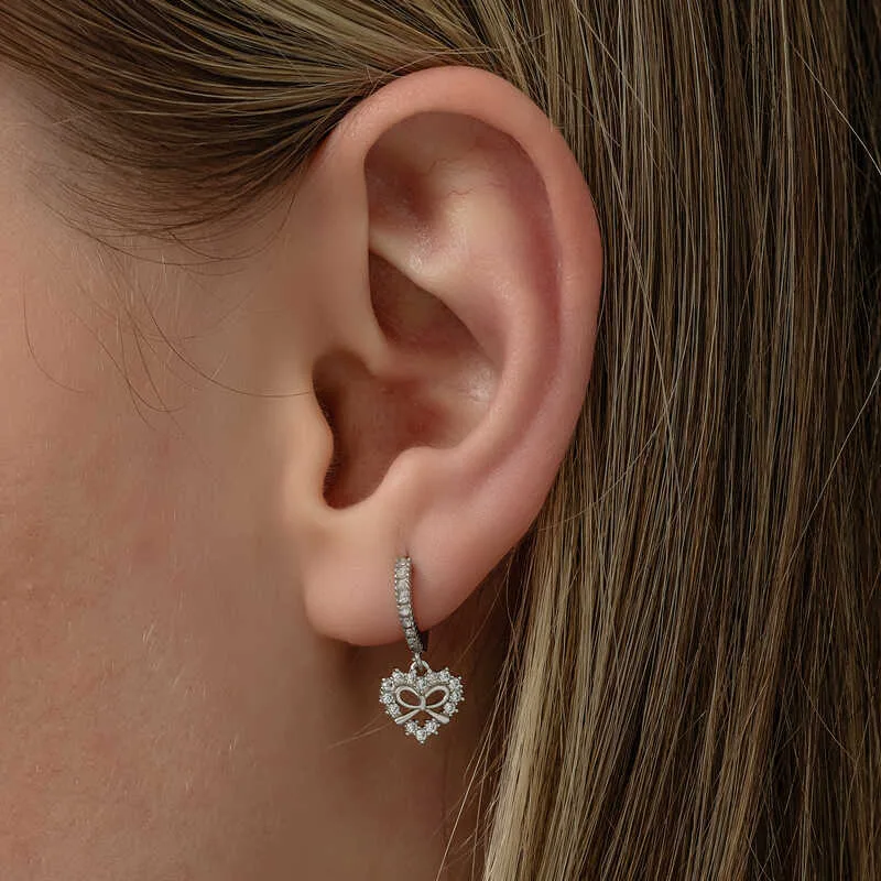 Sterling Silver Heart Bow Dangle Earrings for Women | Pearl & Zircon Earrings - image 2