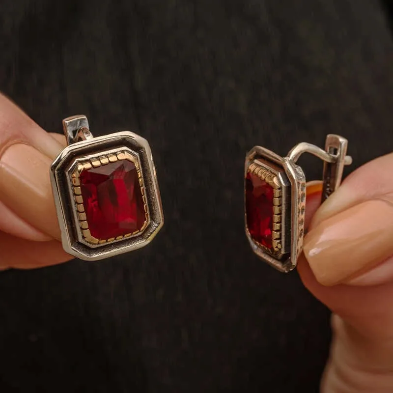 Rhodium Plated Sterling Silver Ruby Stone Ornate Drop Earrings for Women – Handmade Vintage Ethnic Jewelry - image 2