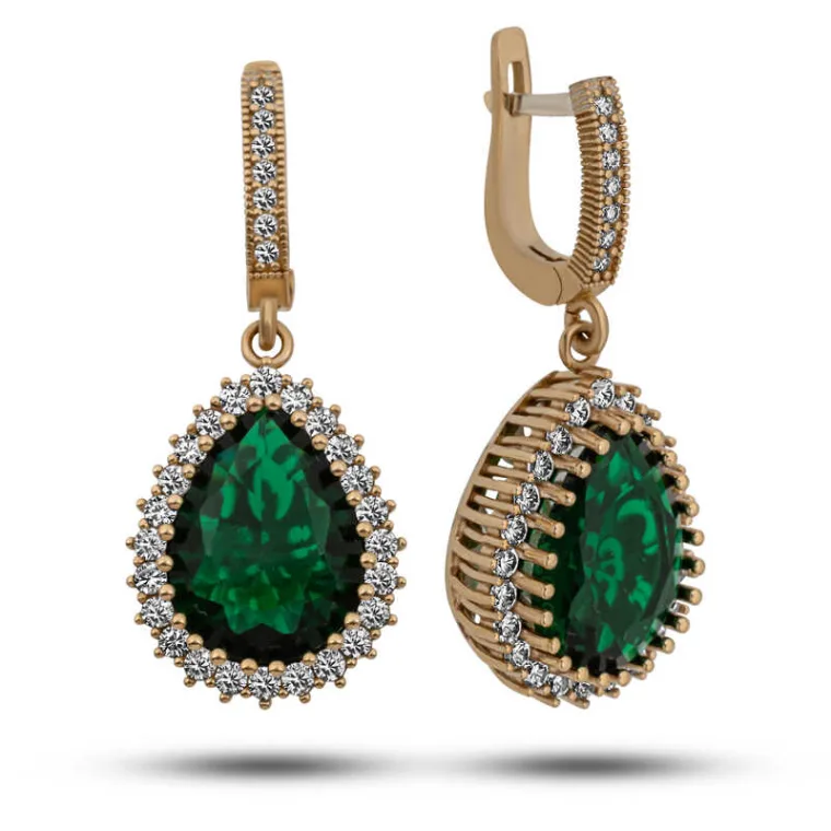 Oxidized Sterling Silver Hurrem Sultan Emerald Green Zircon Drop Earrings for Women