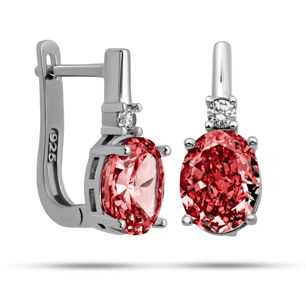 Sterling Silver Ice Cut Oval Red Zircon Earrings for Women – Elegant Sparkling Drop Jewelry