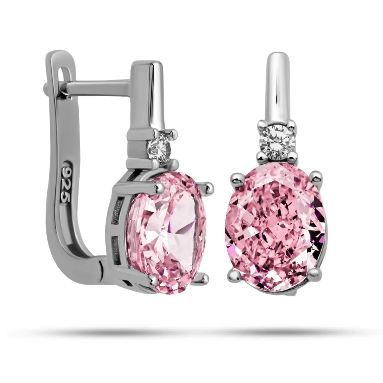 Sterling Silver Ice Cut Oval Pink Zircon Earrings for Women – Elegant Sparkling Drop Jewelry