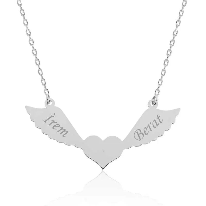 Sterling Silver Personalized Name Winged Heart Necklace for Women – Custom Angel Heart Pendant Jewelry