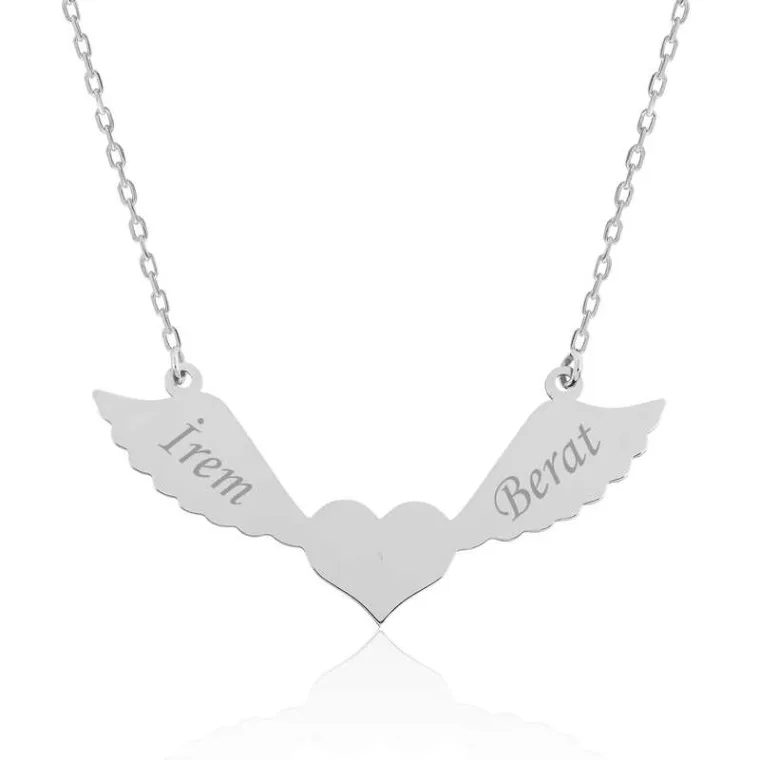 Sterling Silver Personalized Name Winged Heart Necklace for Women – Custom Angel Heart Pendant Jewelry