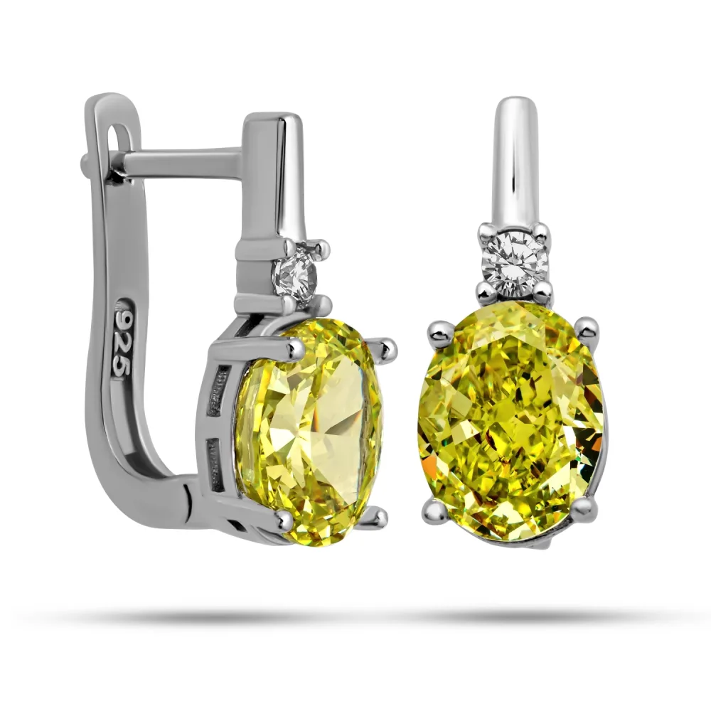 Sterling Silver Ice Cut Oval Yellow Zircon Earrings for Women – Elegant Sparkling Drop Jewelry