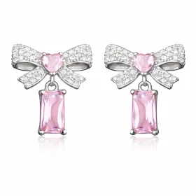 Sterling Silver Pink Bow Drop Earrings with Heart-Cut Zircon Stone for Women thumbnail