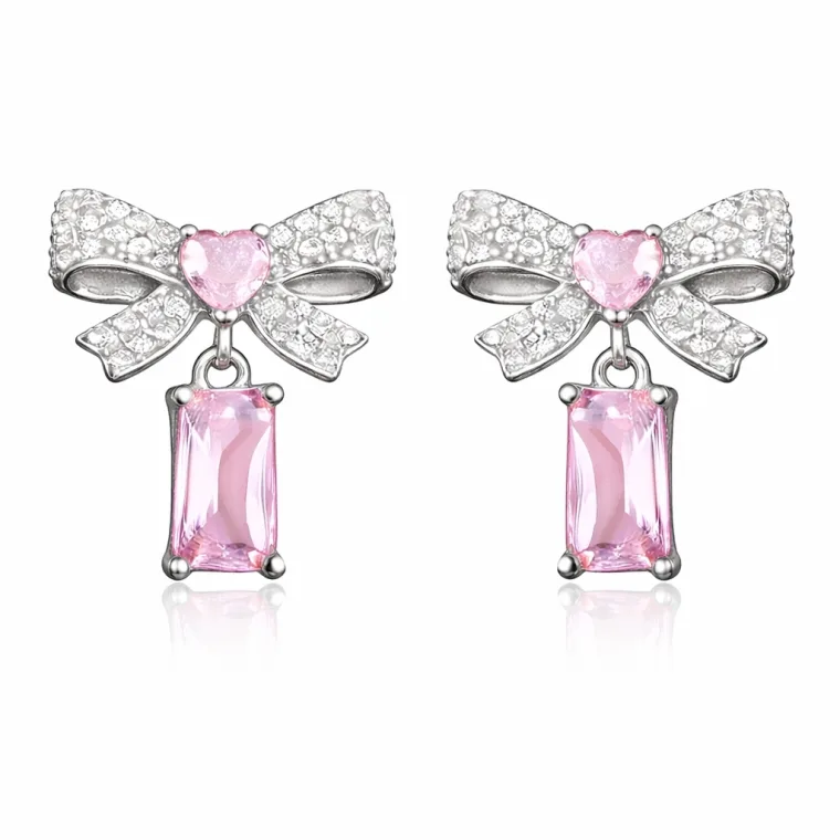 Sterling Silver Pink Bow Drop Earrings with Heart-Cut Zircon Stone for Women