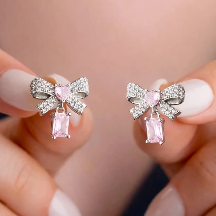 Sterling Silver Pink Bow Drop Earrings with Heart-Cut Zircon Stone for Women - image 2
