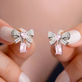Sterling Silver Pink Bow Drop Earrings with Heart-Cut Zircon Stone for Women - image 2 thumbnail