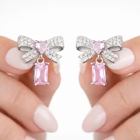 Sterling Silver Pink Bow Drop Earrings with Heart-Cut Zircon Stone for Women - image 3 thumbnail