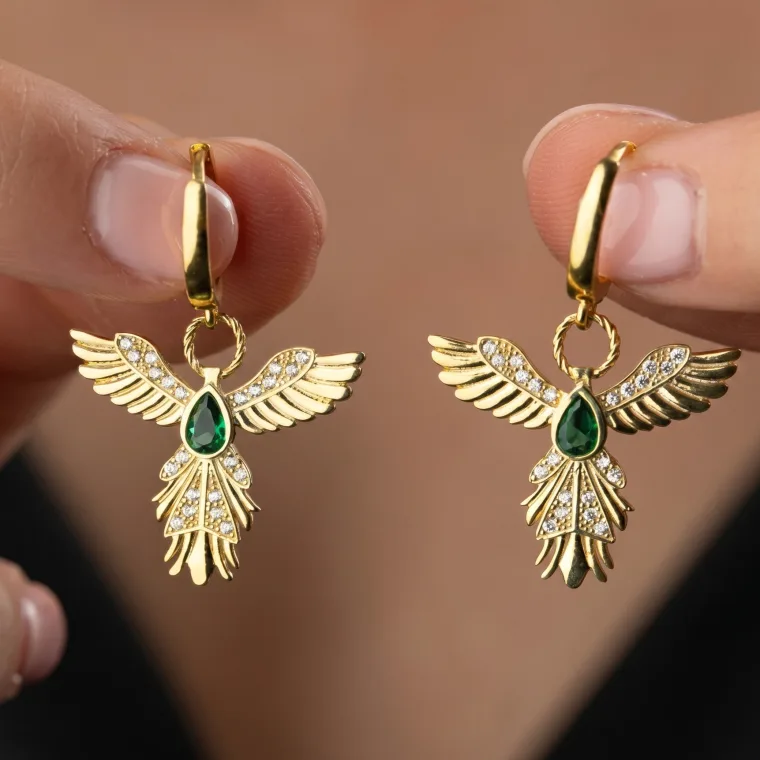 Sterling Silver Gold-Plated Phoenix Drop Earrings with Emerald Green Zircon Stone for Women