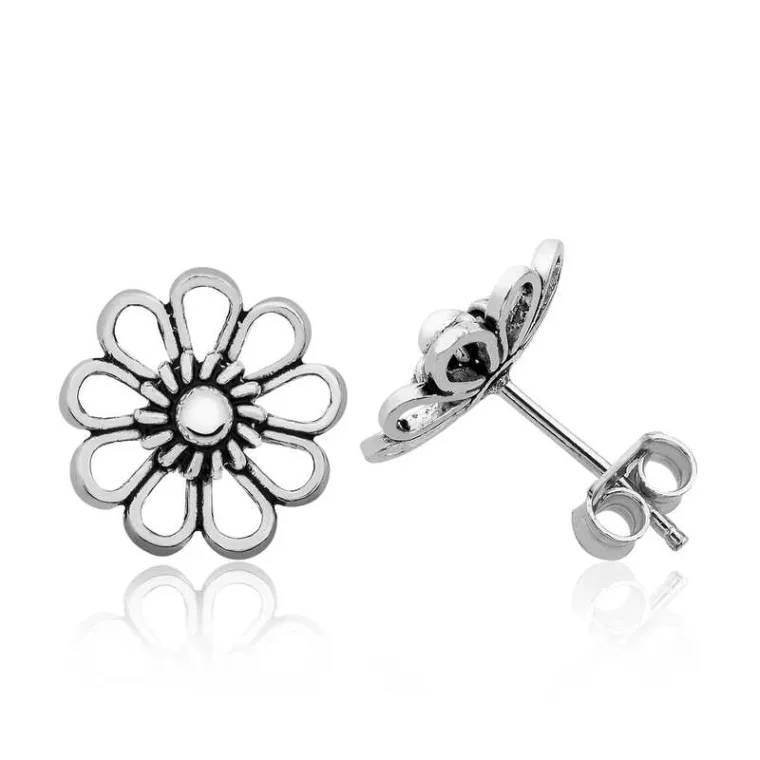 Oxidized Sterling Silver Filigree (Telkari) Daisy Stud Earrings for Women – Handmade Floral Everyday Jewelry