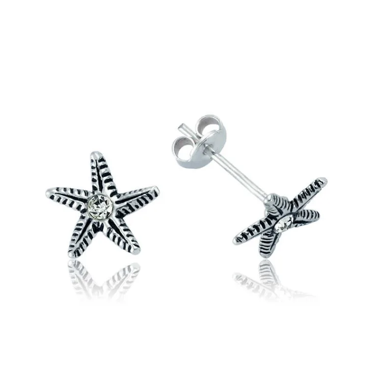 Oxidized Sterling Silver Starfish Stud Earrings for Women – Ocean Inspired Minimalist Jewelry