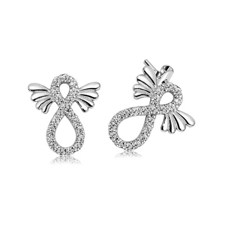 Rhodium Plated Sterling Silver Winged Infinity Stud Earrings for Women with Zircon Stones