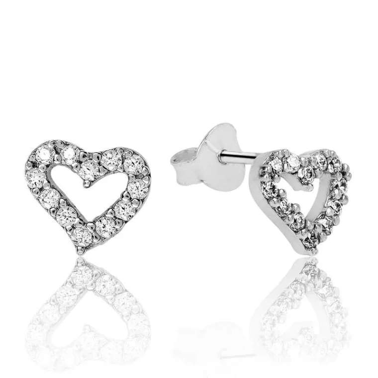 Rhodium Plated Sterling Silver White Heart Stud Earrings for Women – Minimal Romantic Zircon Jewelry